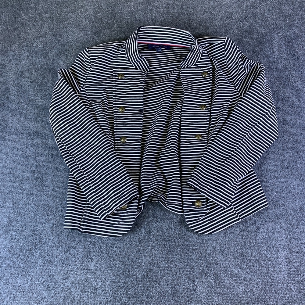 Tommy Hilfiger Military Blazer Jacket Women Large Black White Striped Open Front
